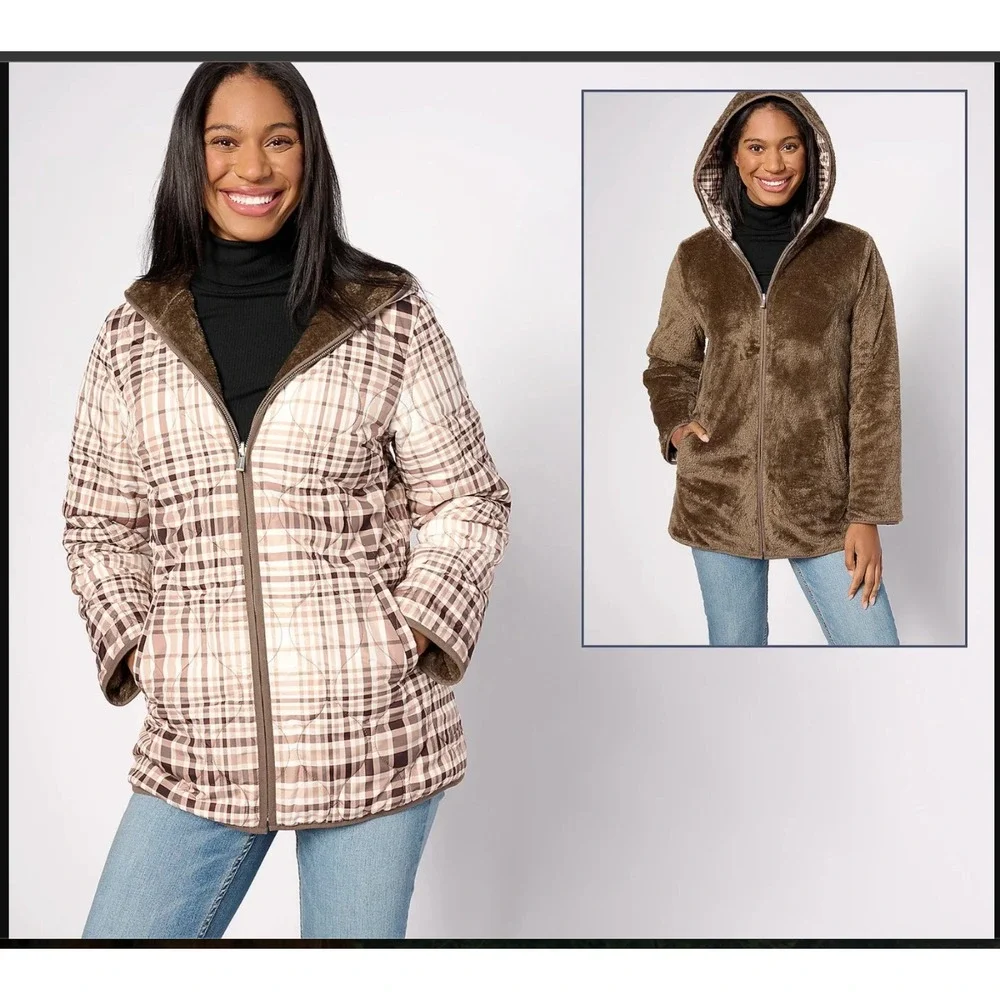 NWOT SUSAN GRAVE Reversible Quilted Woven Fleece‎ Jacket TAUPE PLAID 1X Coat